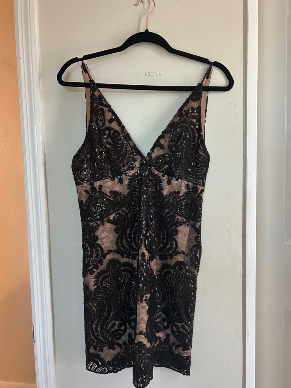 Free People Black Beaded Lace Mini Dress with Nude Underlay